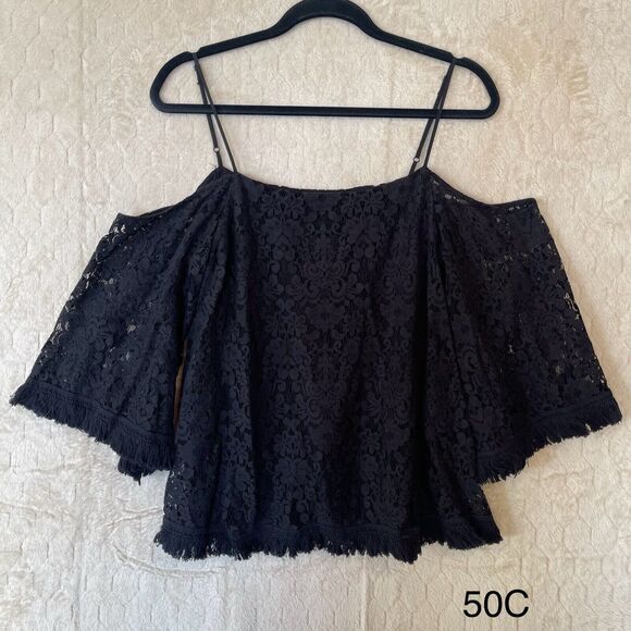 Bailey 44 Tusk Woven Lace Off The Shoulder Bell Sleeve Top Black Sz Small - Picture 1 of 13